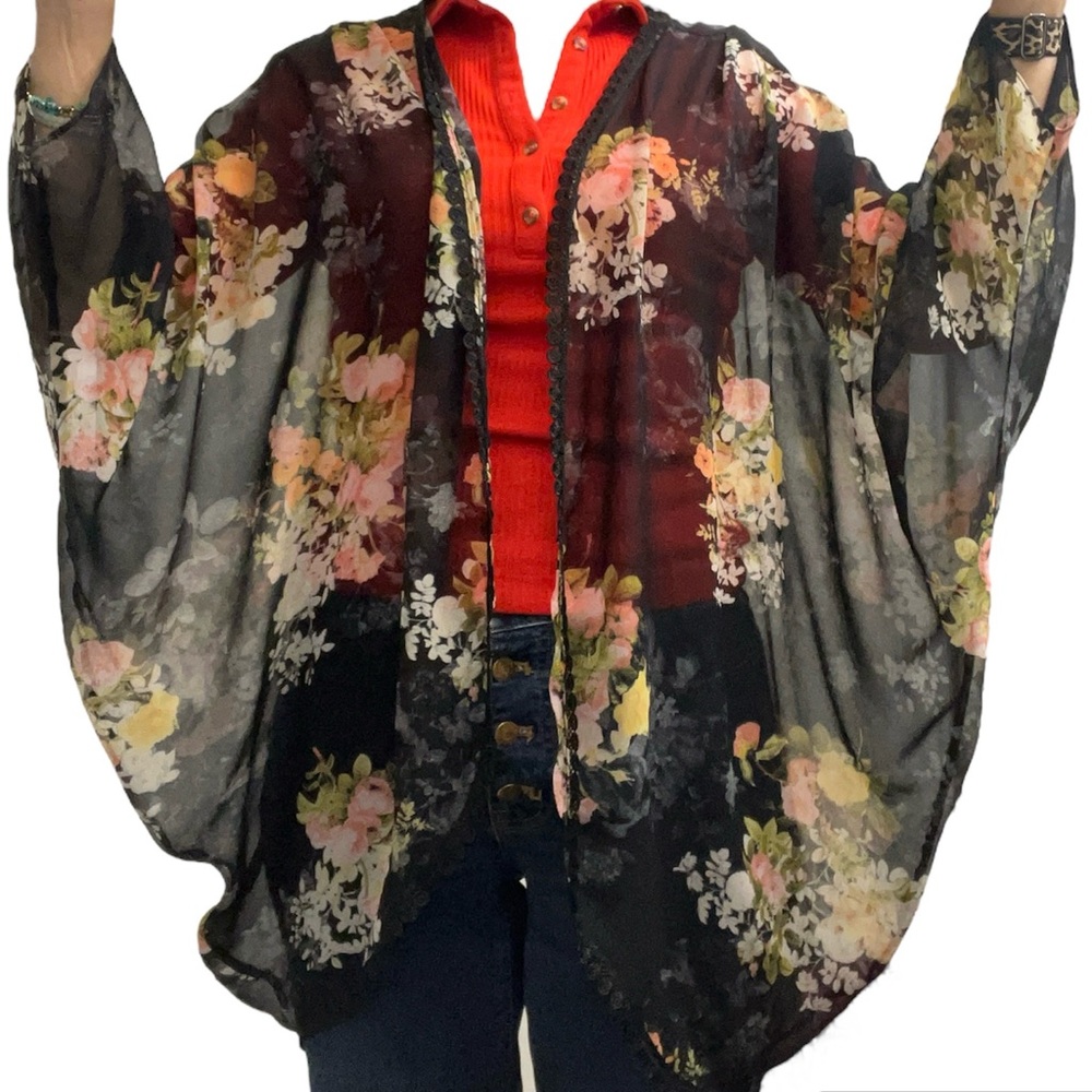 Kimono Dolman Sleeves Floral Sheer Black Cardigan Small to 3X - Picture 2 of 6